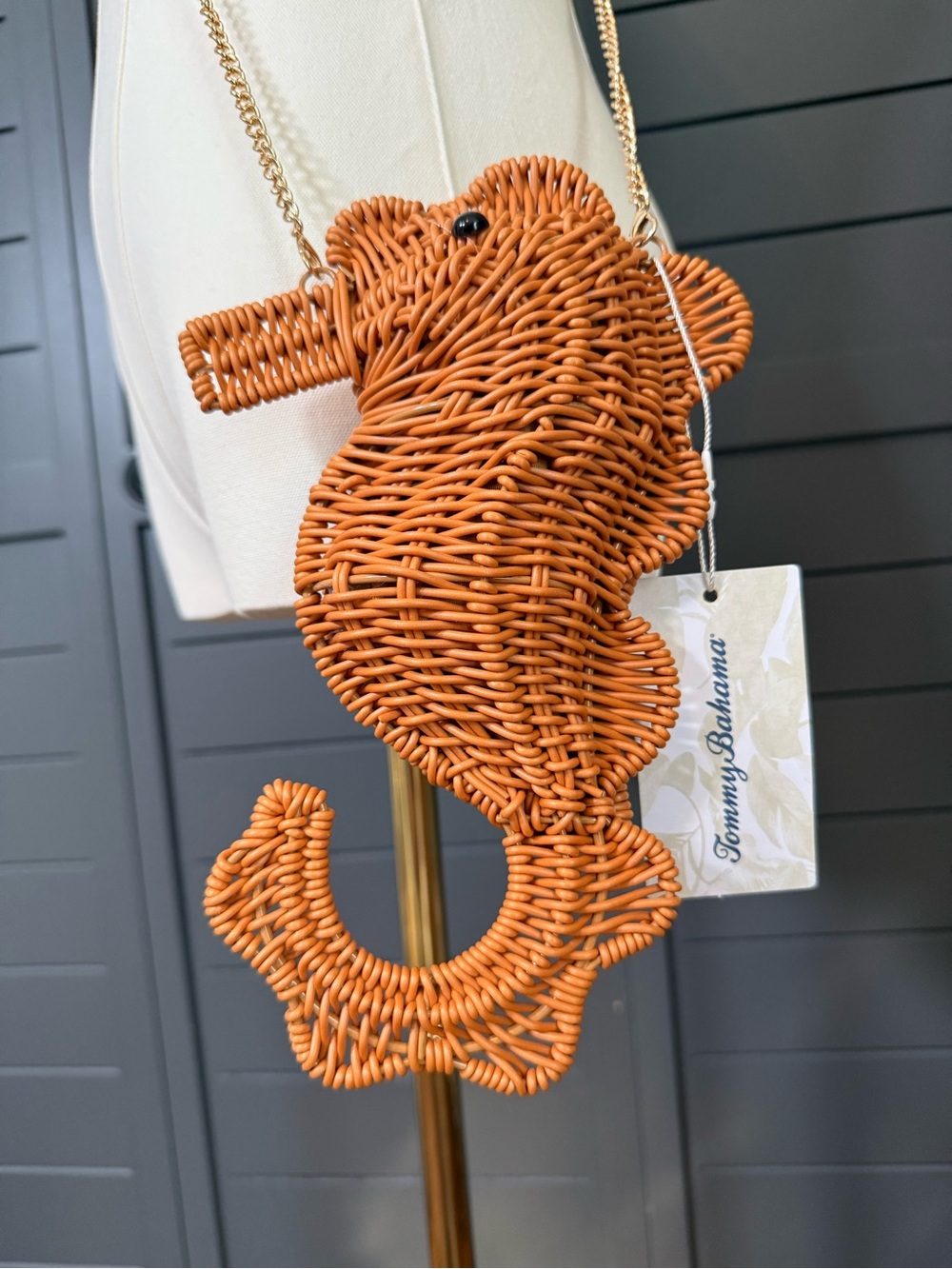 Tommy Bahama Tan Wicker Seahorse Purse.